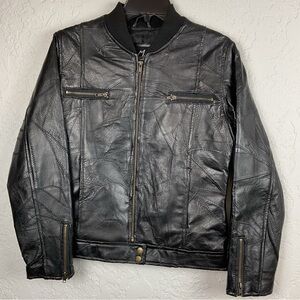 M. Collection Women’s Black Leather Patchwork Zip Up Bomber Jacket Sz Med